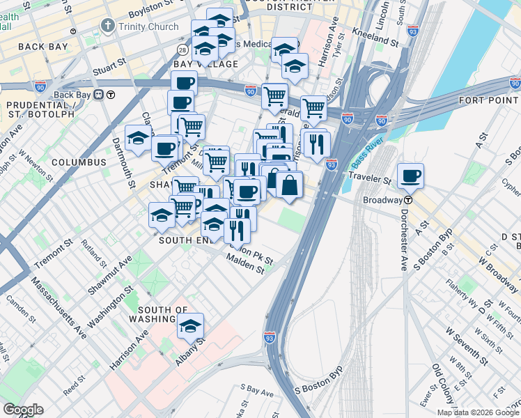 map of restaurants, bars, coffee shops, grocery stores, and more near 715 Albany Street in Boston