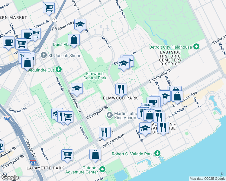 map of restaurants, bars, coffee shops, grocery stores, and more near 1071 Chene in Detroit