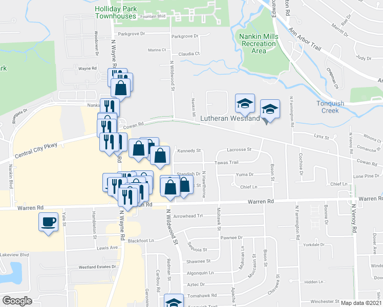 map of restaurants, bars, coffee shops, grocery stores, and more near 34111 Kennedy Street in Westland