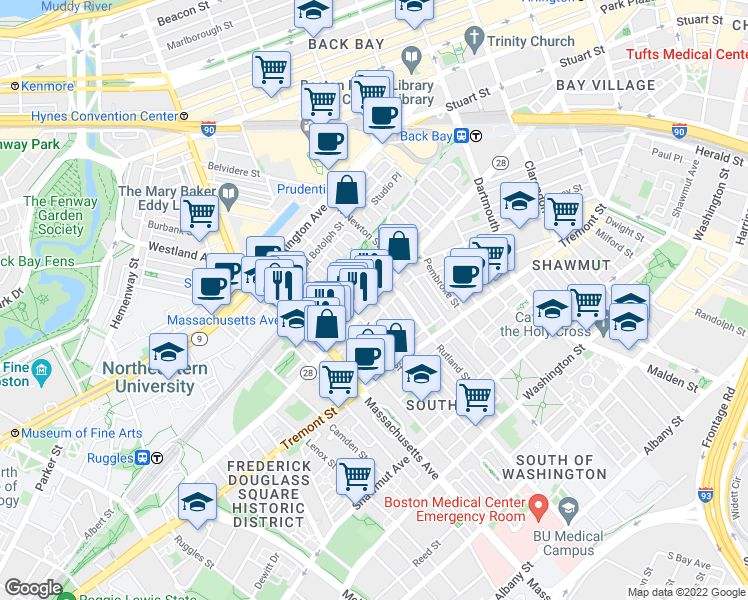 map of restaurants, bars, coffee shops, grocery stores, and more near Columbus Ave & Concord Square in Boston