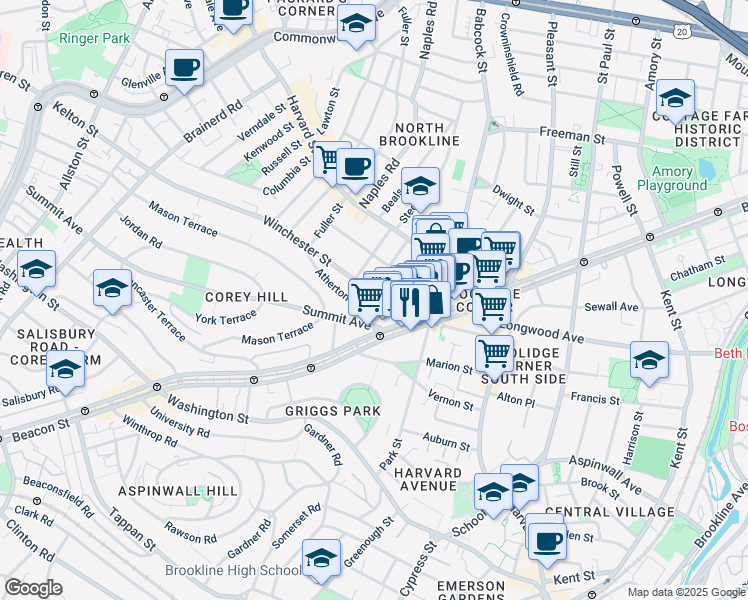 map of restaurants, bars, coffee shops, grocery stores, and more near 24 Winchester Street in Brookline
