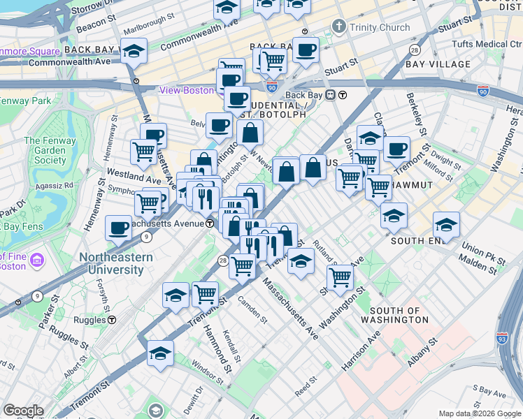 map of restaurants, bars, coffee shops, grocery stores, and more near 525 A Columbus Avenue in Boston