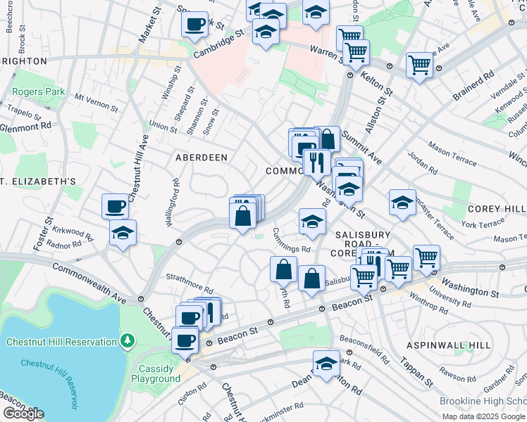 map of restaurants, bars, coffee shops, grocery stores, and more near 1665 Commonwealth Avenue in Boston