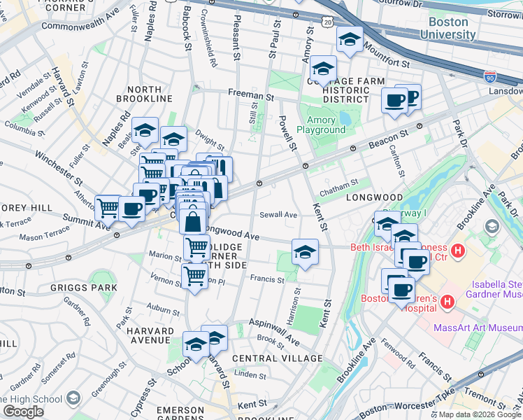 map of restaurants, bars, coffee shops, grocery stores, and more near 102 Sewall Avenue in Brookline