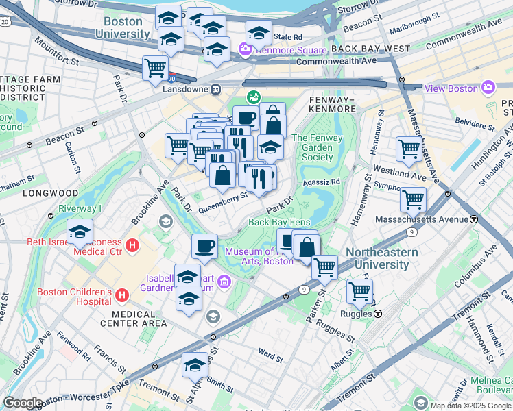 map of restaurants, bars, coffee shops, grocery stores, and more near 111 Park Drive in Boston