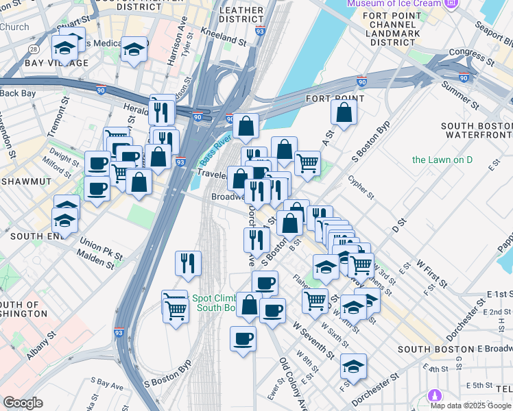 map of restaurants, bars, coffee shops, grocery stores, and more near 150 Dorchester Avenue in Boston