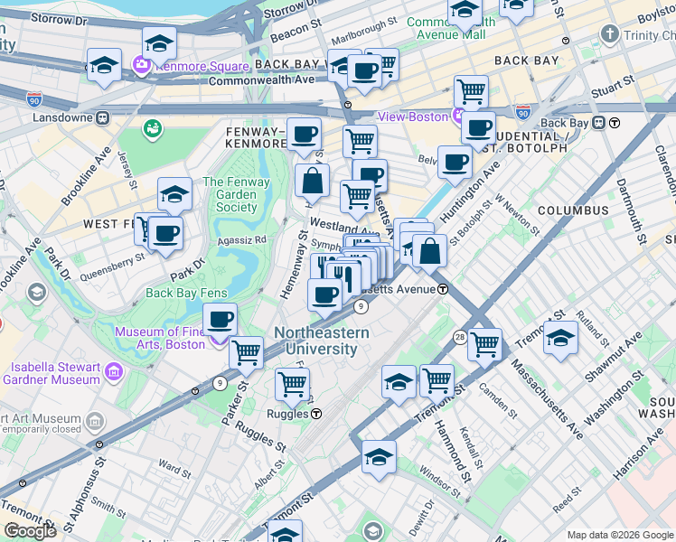map of restaurants, bars, coffee shops, grocery stores, and more near 77 Saint Stephen Street in Boston