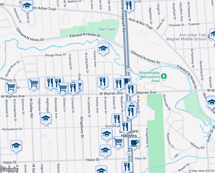 map of restaurants, bars, coffee shops, grocery stores, and more near 7235 North Vernon Street in Dearborn Heights