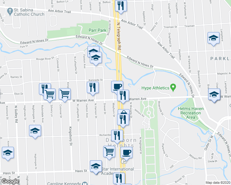 map of restaurants, bars, coffee shops, grocery stores, and more near 7244 Mayburn Street in Dearborn Heights