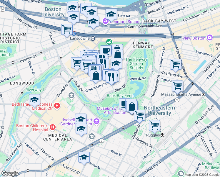 map of restaurants, bars, coffee shops, grocery stores, and more near 111 Park Drive in Boston