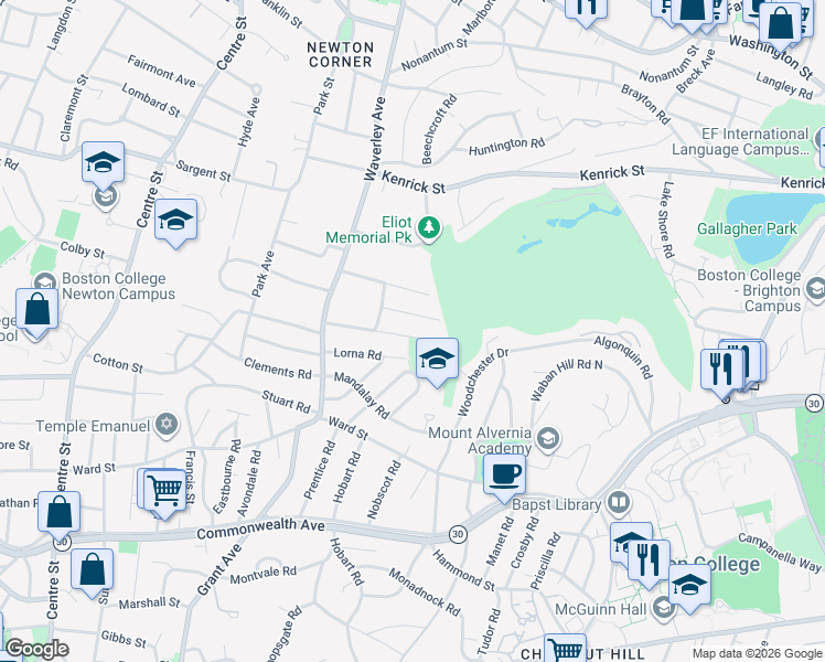 map of restaurants, bars, coffee shops, grocery stores, and more near 77 Montrose Street in Newton
