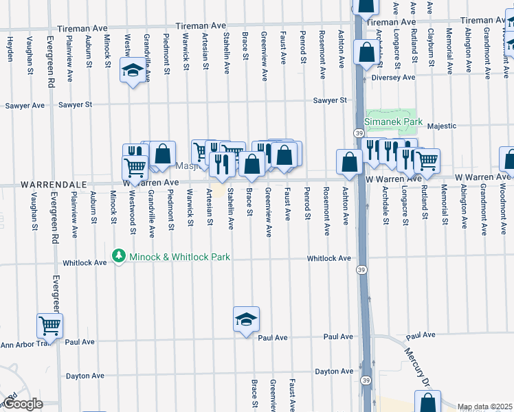 map of restaurants, bars, coffee shops, grocery stores, and more near 6866 Brace Street in Detroit