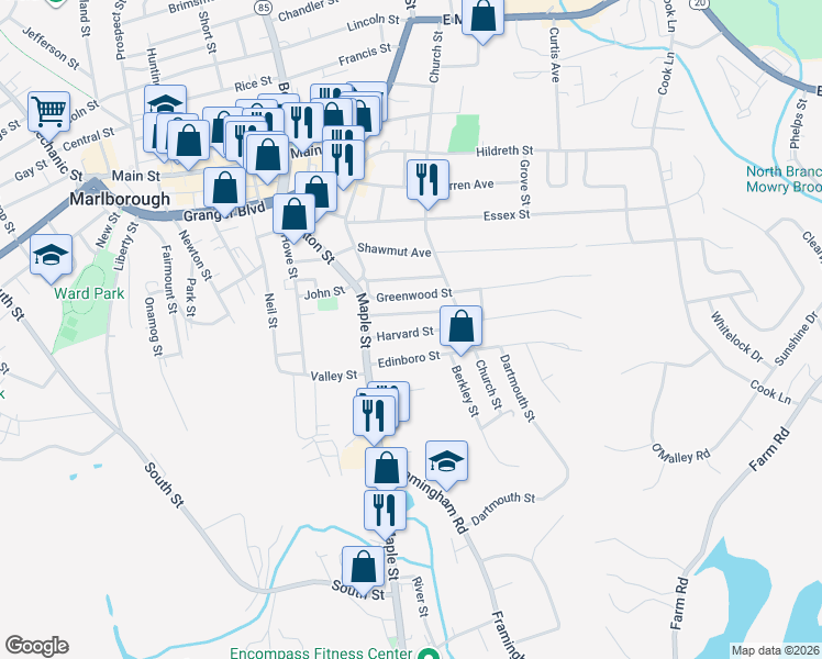 map of restaurants, bars, coffee shops, grocery stores, and more near 40 Harvard Street in Marlborough