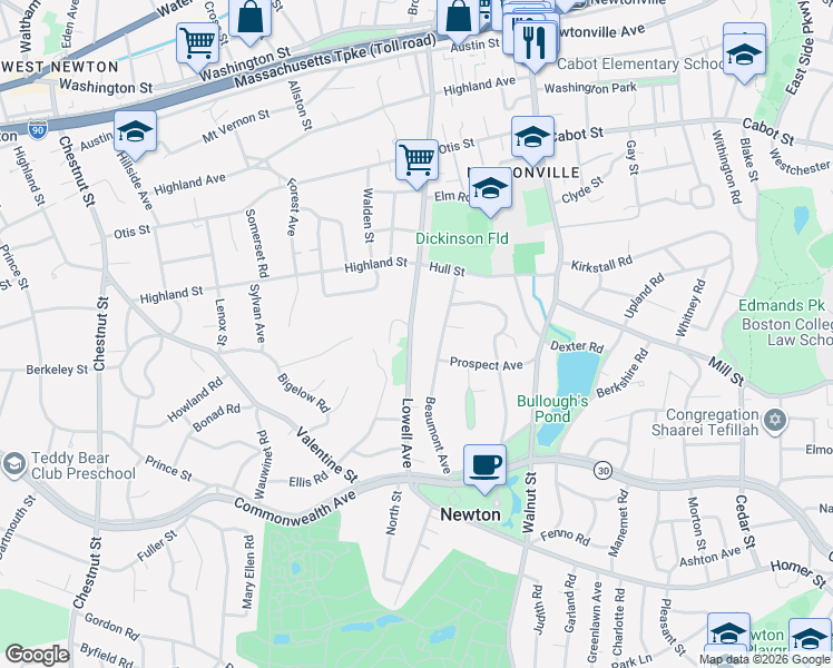 map of restaurants, bars, coffee shops, grocery stores, and more near 446 Lowell Avenue in Newton