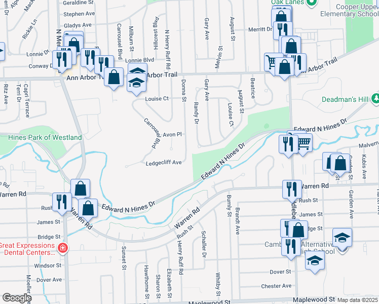 map of restaurants, bars, coffee shops, grocery stores, and more near 7430 Donna Street in Westland