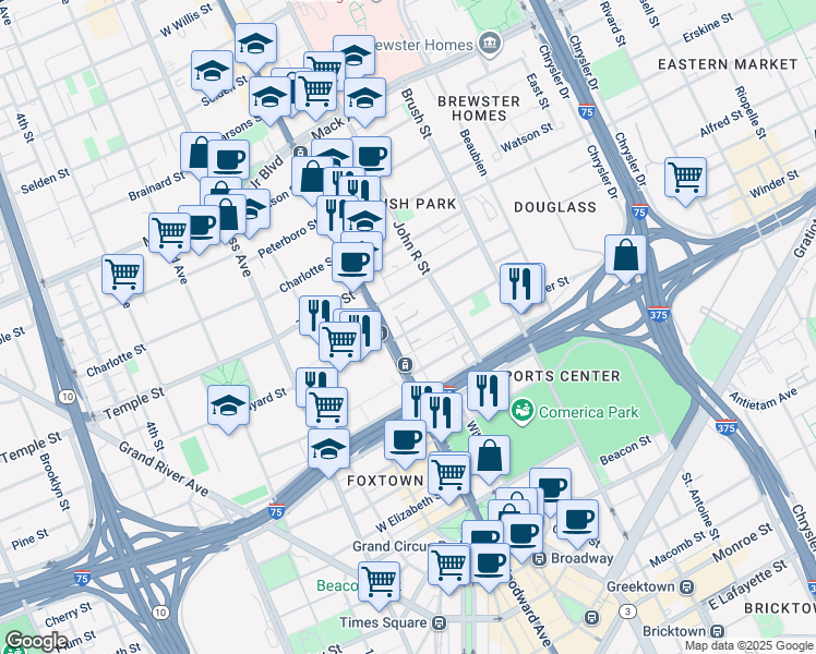 map of restaurants, bars, coffee shops, grocery stores, and more near 51 Adelaide Street in Detroit