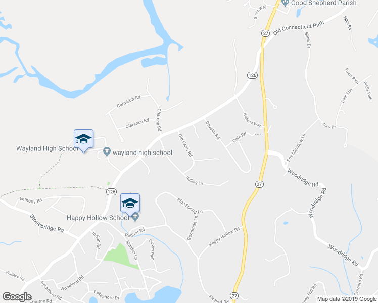 map of restaurants, bars, coffee shops, grocery stores, and more near 11 Old Farm Road in Wayland