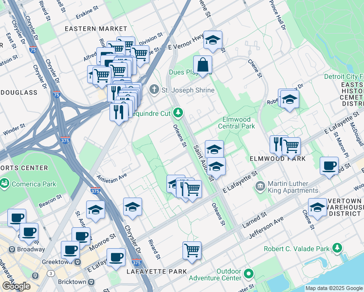 map of restaurants, bars, coffee shops, grocery stores, and more near 1575 Cherboneau Place in Detroit
