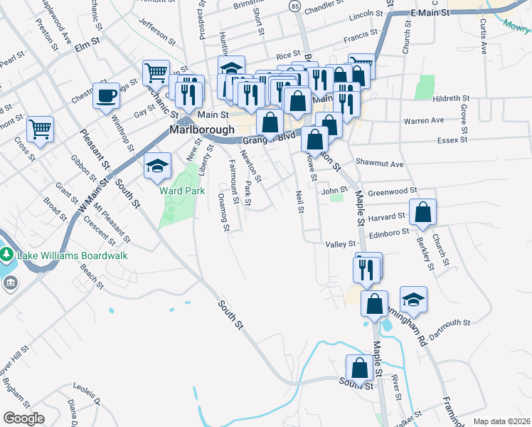 map of restaurants, bars, coffee shops, grocery stores, and more near 14 Adams Street in Marlborough