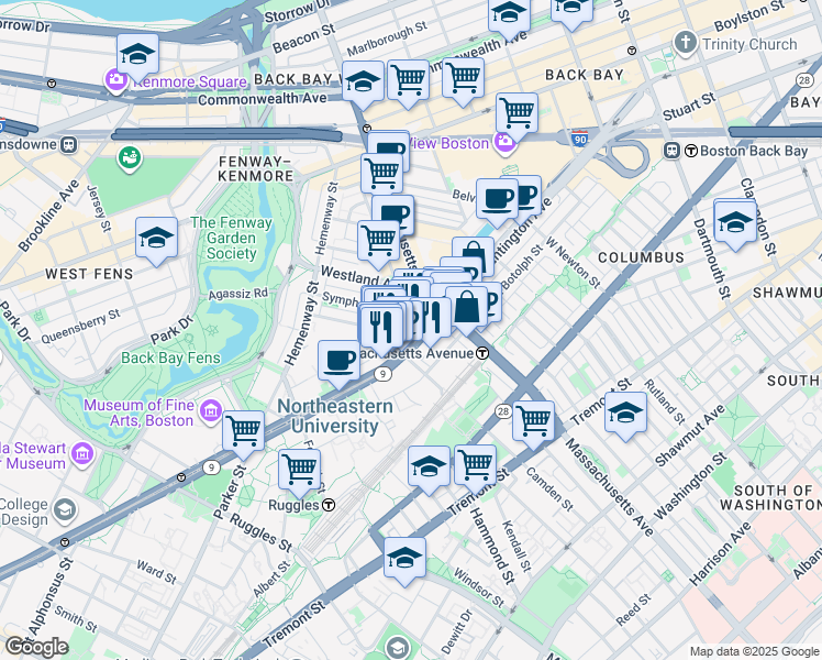 map of restaurants, bars, coffee shops, grocery stores, and more near 52 Gainsborough Street in Boston