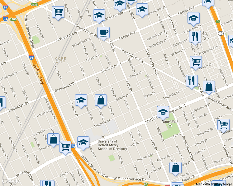 map of restaurants, bars, coffee shops, grocery stores, and more near 3942 16th St in Detroit