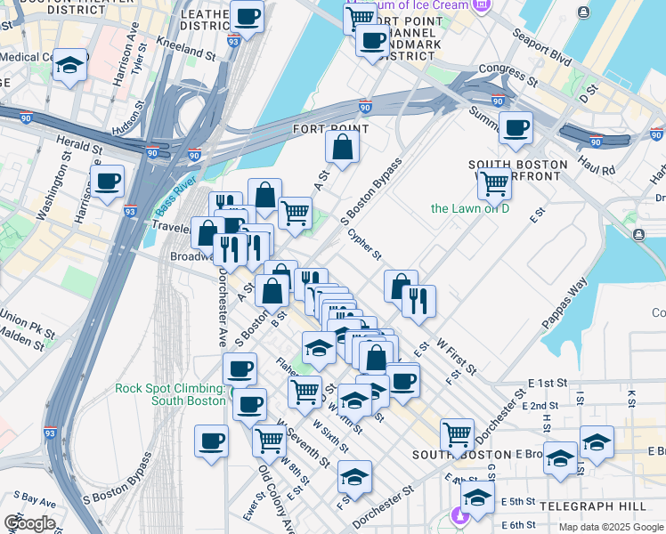map of restaurants, bars, coffee shops, grocery stores, and more near 154 West 2nd Street in Boston
