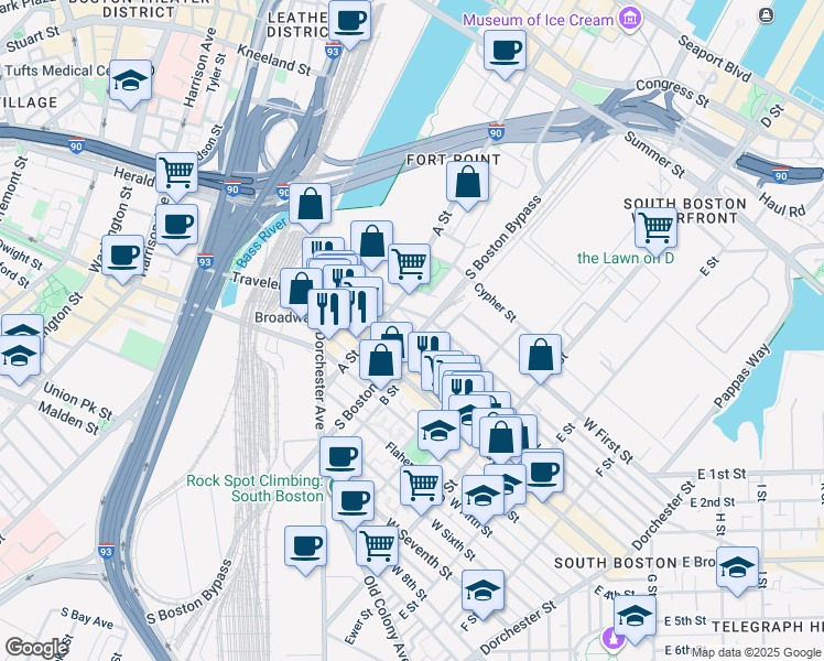map of restaurants, bars, coffee shops, grocery stores, and more near 50 West 3rd Street in Boston