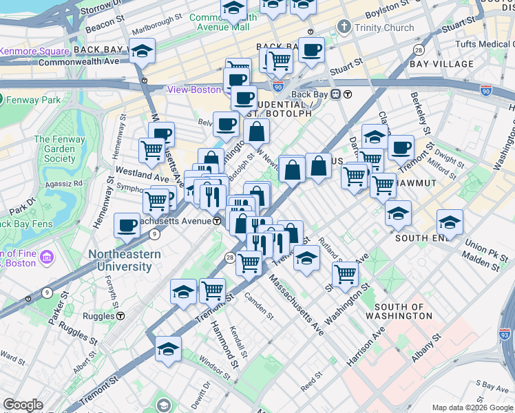 map of restaurants, bars, coffee shops, grocery stores, and more near 525 A Columbus Avenue in Boston