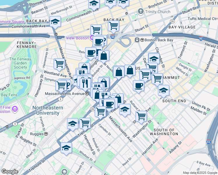 map of restaurants, bars, coffee shops, grocery stores, and more near 525 A Columbus Avenue in Boston
