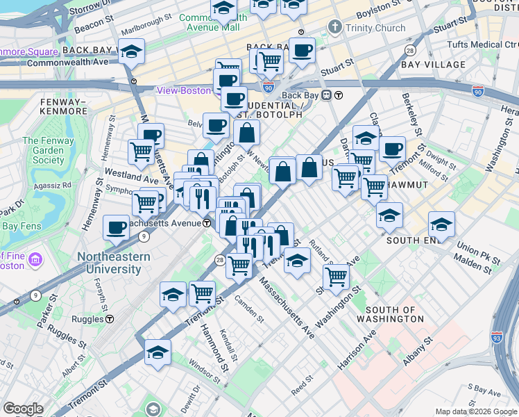 map of restaurants, bars, coffee shops, grocery stores, and more near 525 A Columbus Avenue in Boston