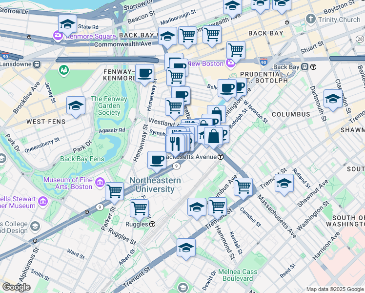 map of restaurants, bars, coffee shops, grocery stores, and more near in Boston