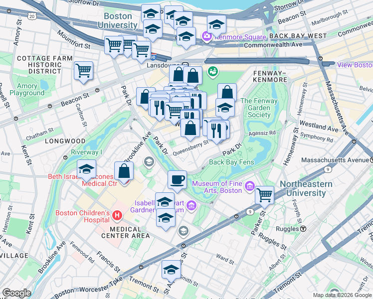map of restaurants, bars, coffee shops, grocery stores, and more near 105 Queensberry Street in Boston
