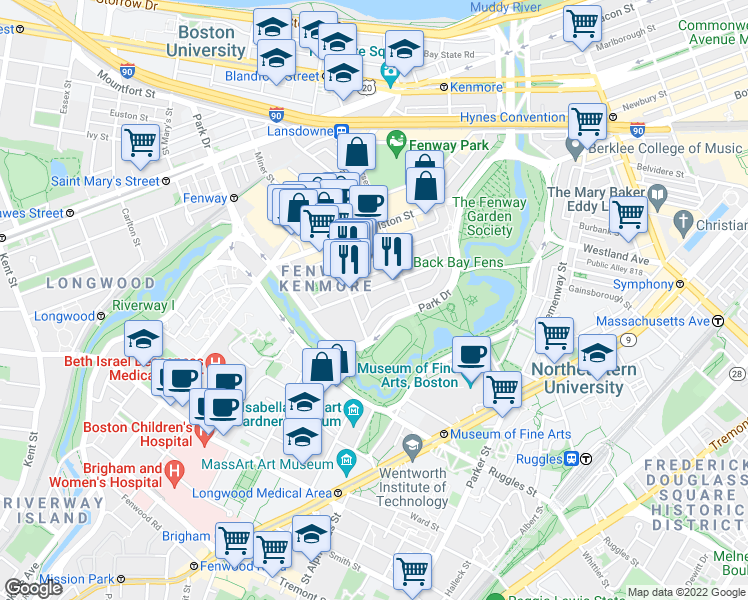 map of restaurants, bars, coffee shops, grocery stores, and more near 58 Queensberry Street in Boston