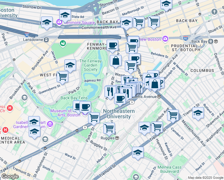 map of restaurants, bars, coffee shops, grocery stores, and more near 76 Gainsborough Street in Boston