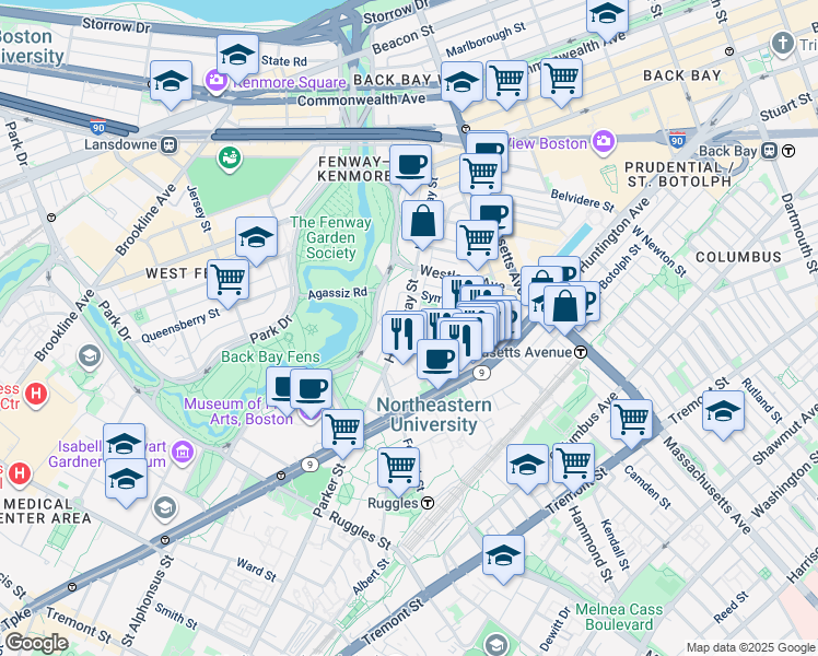 map of restaurants, bars, coffee shops, grocery stores, and more near 136 Hemenway Street in Boston