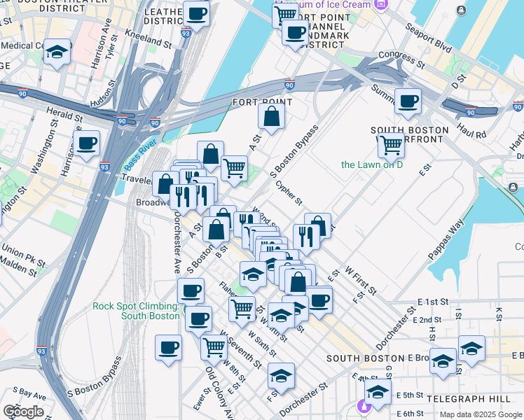 map of restaurants, bars, coffee shops, grocery stores, and more near 154 West 2nd Street in Boston