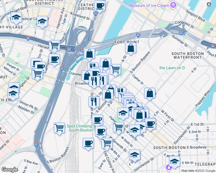 map of restaurants, bars, coffee shops, grocery stores, and more near 69 Athens Street in Boston