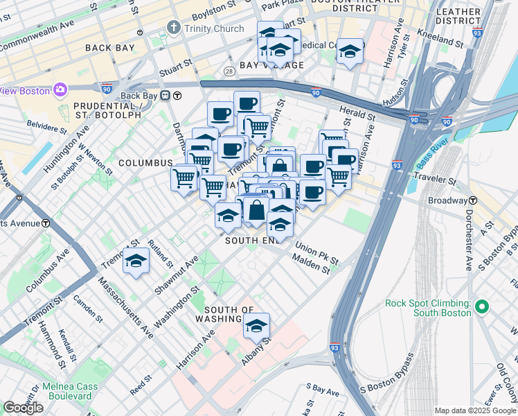 map of restaurants, bars, coffee shops, grocery stores, and more near in Boston