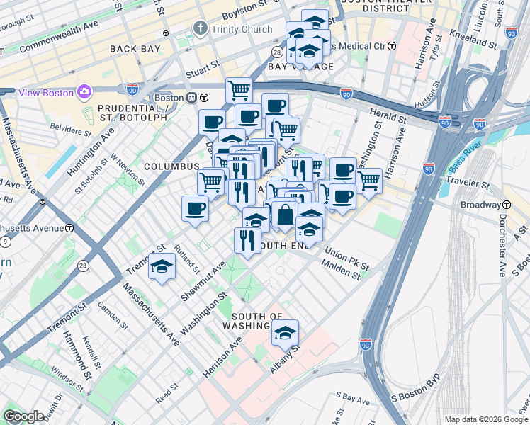 map of restaurants, bars, coffee shops, grocery stores, and more near 7 Upton Street in Boston