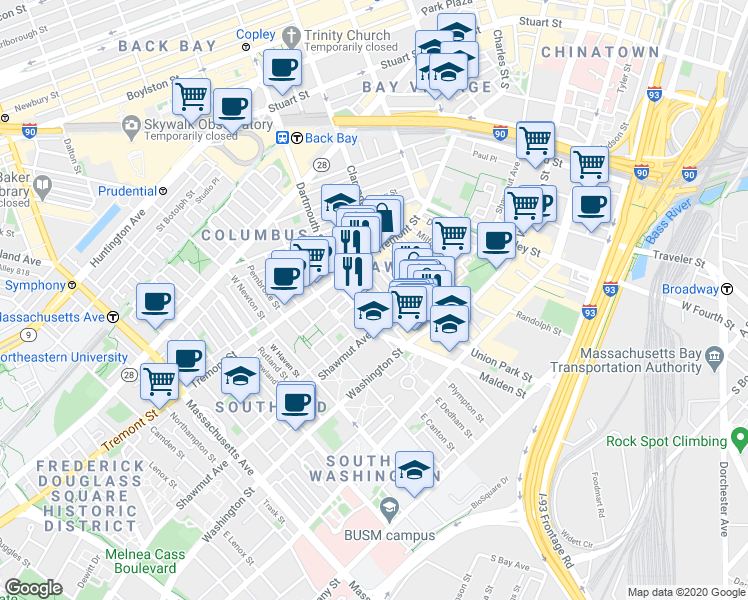 map of restaurants, bars, coffee shops, grocery stores, and more near 7 Upton Street in Boston