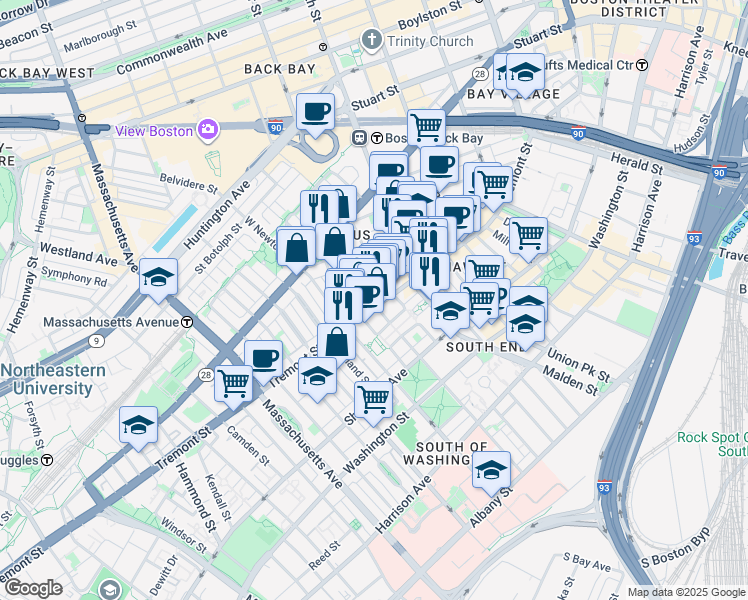 map of restaurants, bars, coffee shops, grocery stores, and more near 83 Pembroke Street in Boston