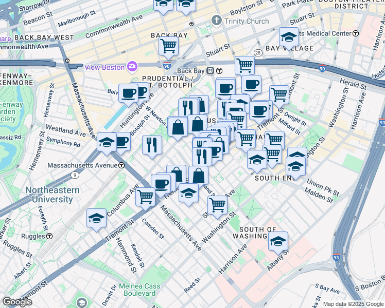 map of restaurants, bars, coffee shops, grocery stores, and more near 136 West Newton Street in Boston