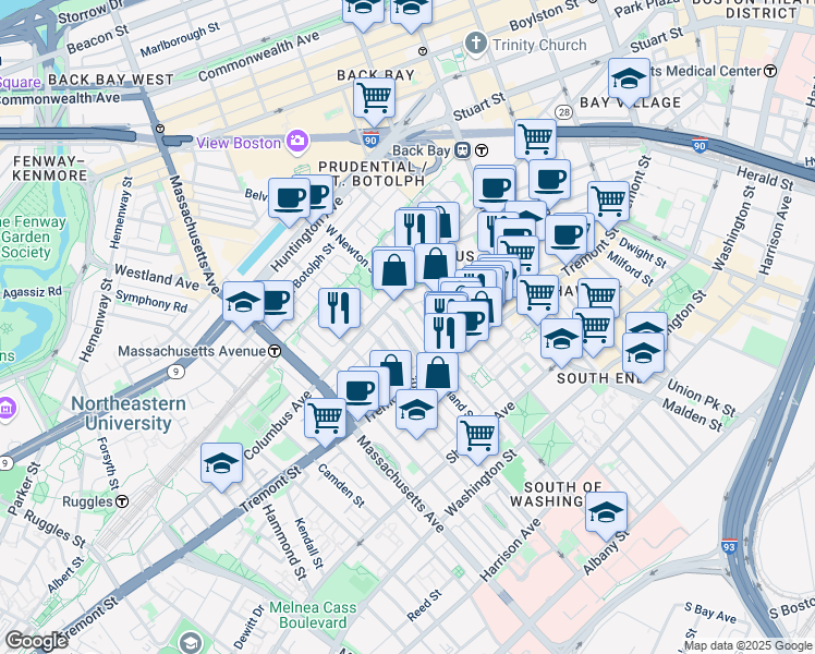 map of restaurants, bars, coffee shops, grocery stores, and more near 136 West Newton Street in Boston