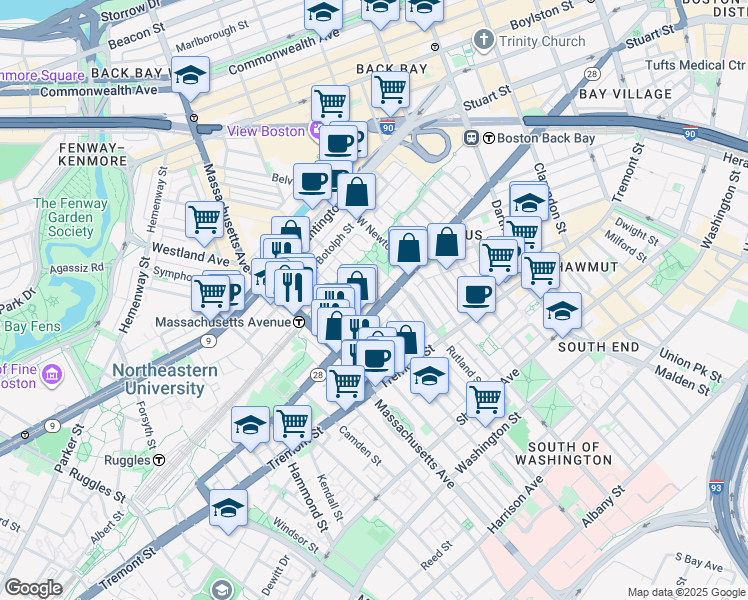 map of restaurants, bars, coffee shops, grocery stores, and more near 525 A Columbus Avenue in Boston