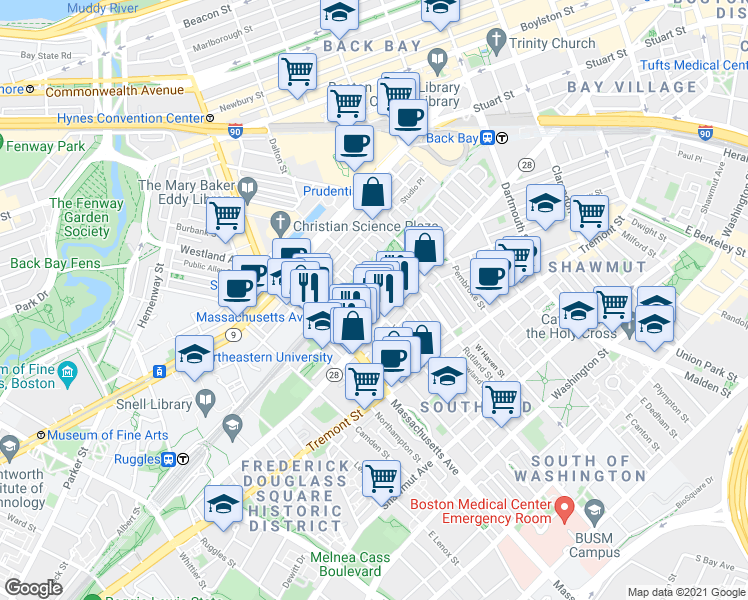 map of restaurants, bars, coffee shops, grocery stores, and more near 529 Columbus Avenue in Boston