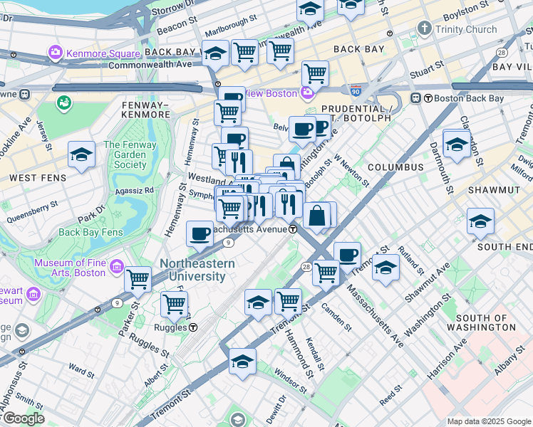 map of restaurants, bars, coffee shops, grocery stores, and more near in Boston