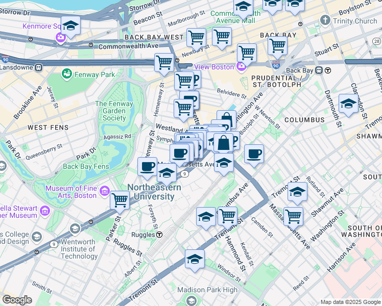map of restaurants, bars, coffee shops, grocery stores, and more near 52 Gainsborough Street in Boston