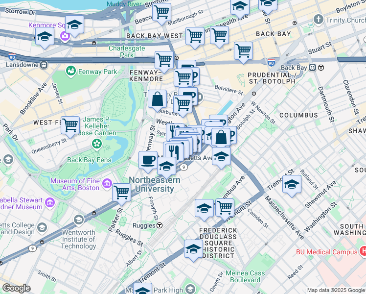 map of restaurants, bars, coffee shops, grocery stores, and more near 77 Saint Stephen Street in Boston