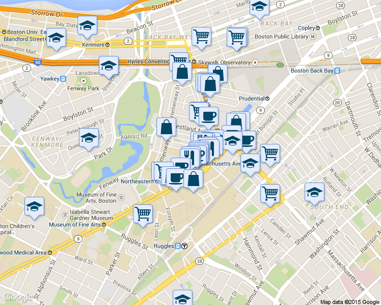 map of restaurants, bars, coffee shops, grocery stores, and more near 77 Saint Stephen Street in Boston
