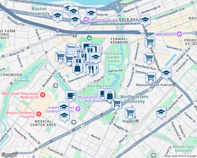 map of restaurants, bars, coffee shops, grocery stores, and more near Emerald Necklace in Boston